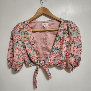 LPA satin floral crop top‎ with puff sleeves